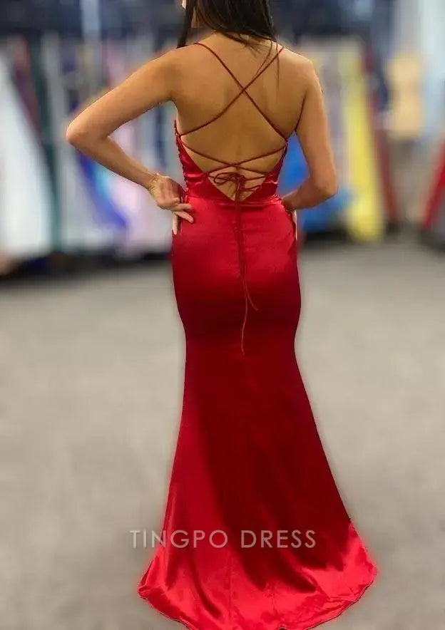 TingPo Wholesale Elegant Sheath/Column Bateau Spaghetti Straps Long/Floor-Length Charmeuse Prom Dress With Pleated